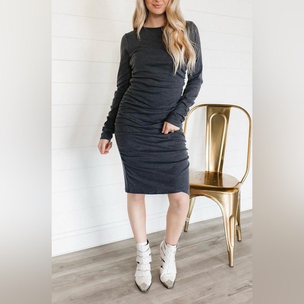 Better Than Basics Smoke Grey Ruched Midi Dress with Long Sleeve (S, M, L, XL)